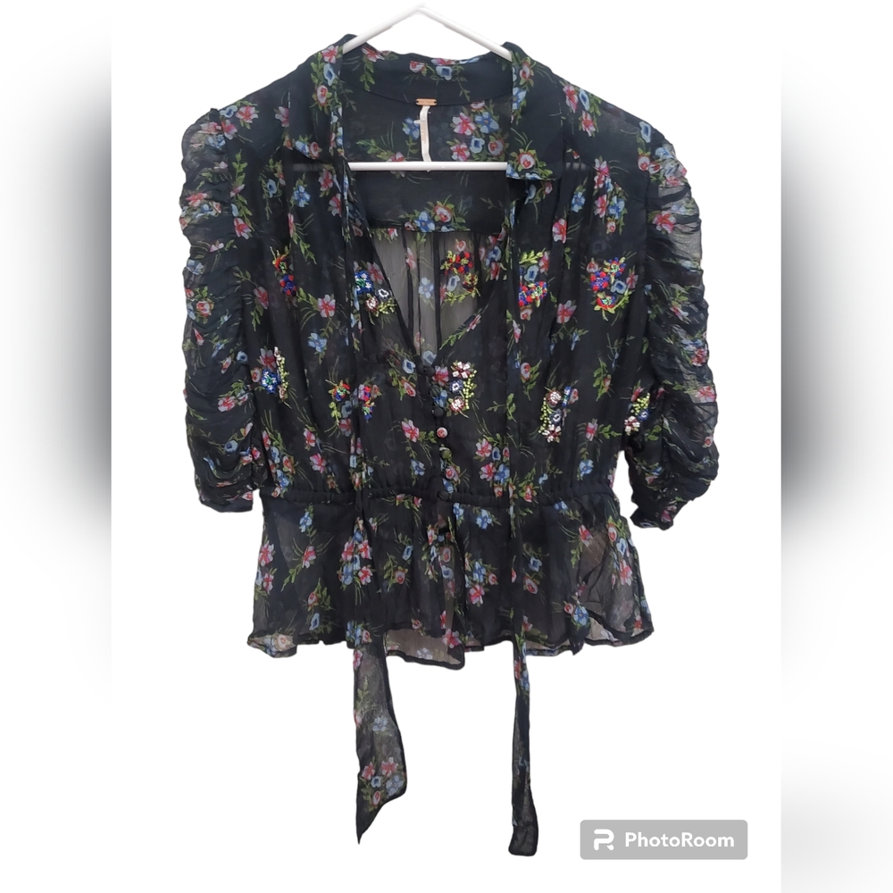 Free People Black Floral Embroidered Blouse